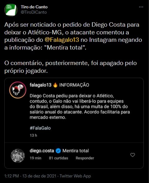 Atlético - Galo - Atlético-MG - Após especulações de saída, atacante Diego Costa desmente pelas redes sociais informação de que tenha pedido para sair do Atlético